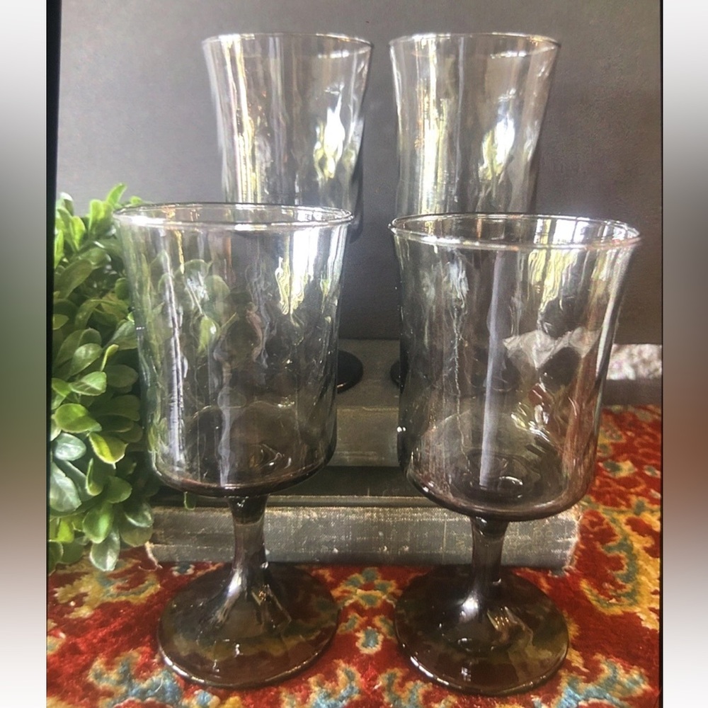 4 Vintage Libbey Smoke Gray Optic Swirl Water Goblet Glasses 7"